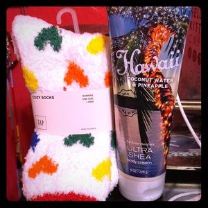 Gap cozy socks and bath and body works cream